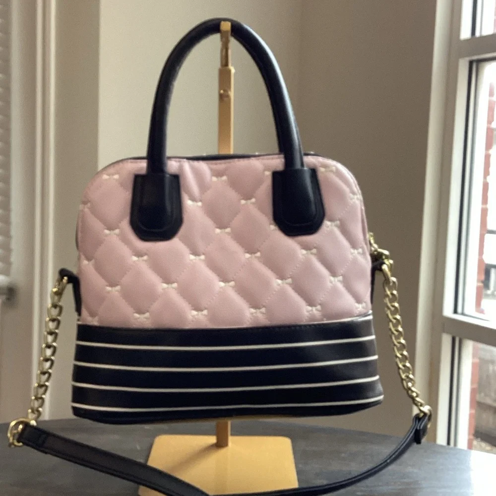 Betsey Johnson Pink and Black Quilted Satchel with Stripe Detail